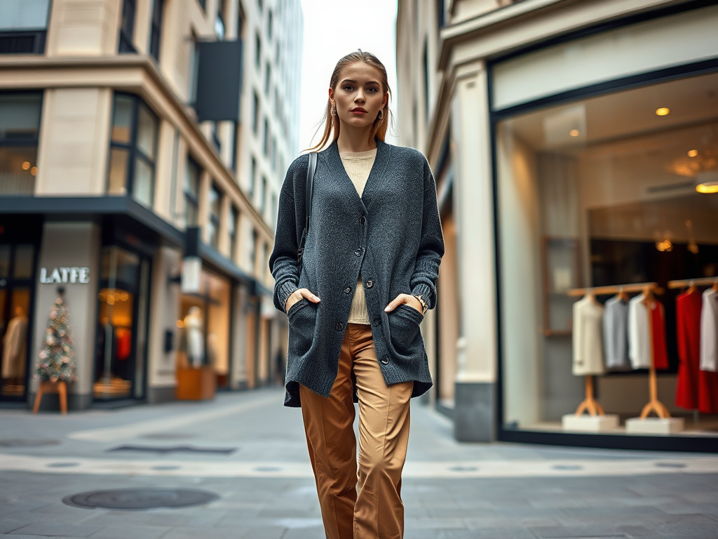 O tânără poartă un cardigan gri și pantaloni bej, alergând pe o stradă comercială, cu magazine în fundal.