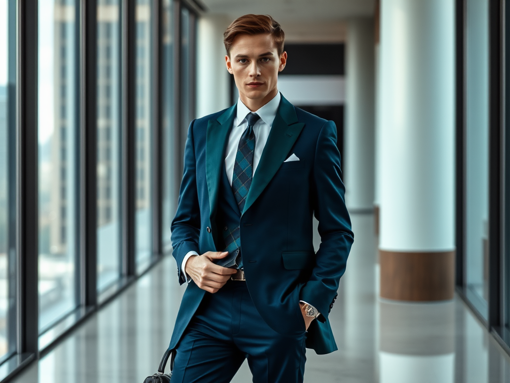 Bărbat îmbrăcat elegant într-un costum bleu, stând într-un hol luminos cu feronerie modernă.
