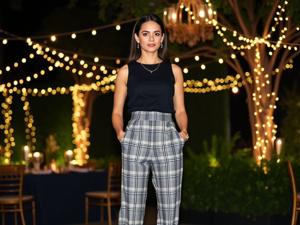 O tânără elegantă poartă un top negru și pantaloni cu carouri, într-un decor luminos de seară.