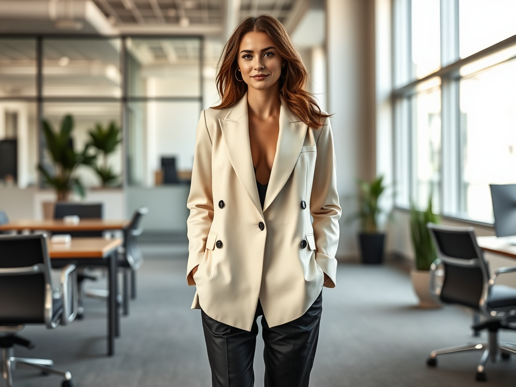 O femeie îmbrăcată elegant, cu sacou deschis, stând într-un birou modern, cu plante în fundal.