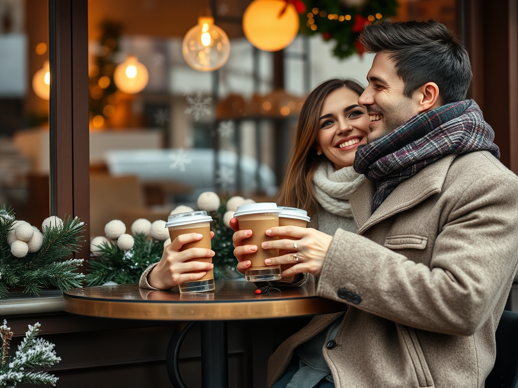 Un cuplu fericit, îmbrăcat elegant, savurează cafea într-o cafenea decorată de sărbători.