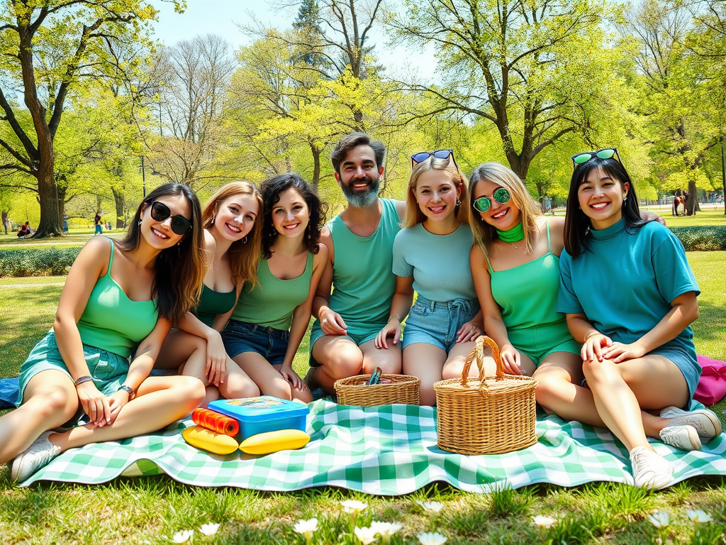 Un grup de prieteni se bucură de un picnic într-un parc, purtând haine verzi, zâmbind și relaxându-se pe o pătură.
