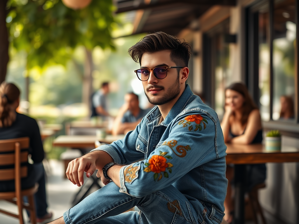 Tânăr îmbrăcat într-o jachetă din denim brodat, stând la o masă într-o cafenea, admirând peisajul.