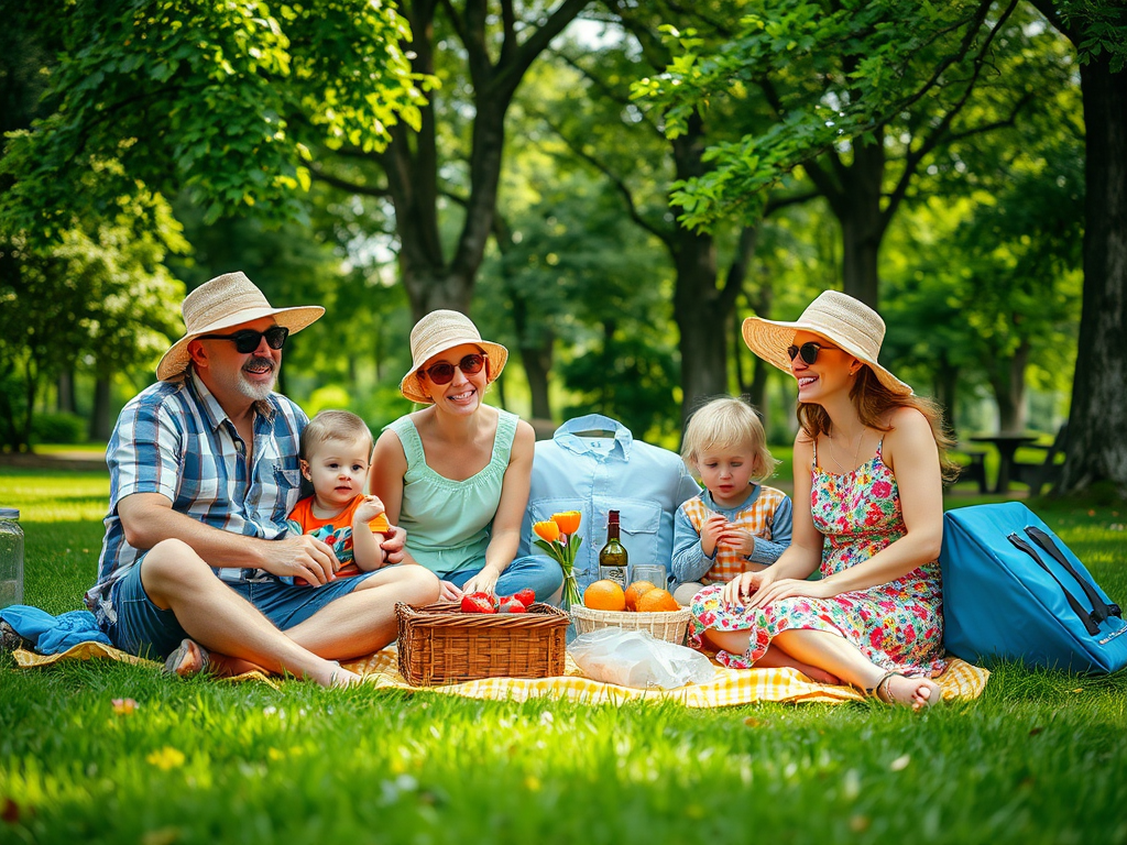 O familie savurând un picnic relaxant într-un parc, bucurându-se de fructe și băuturi răcoritoare.