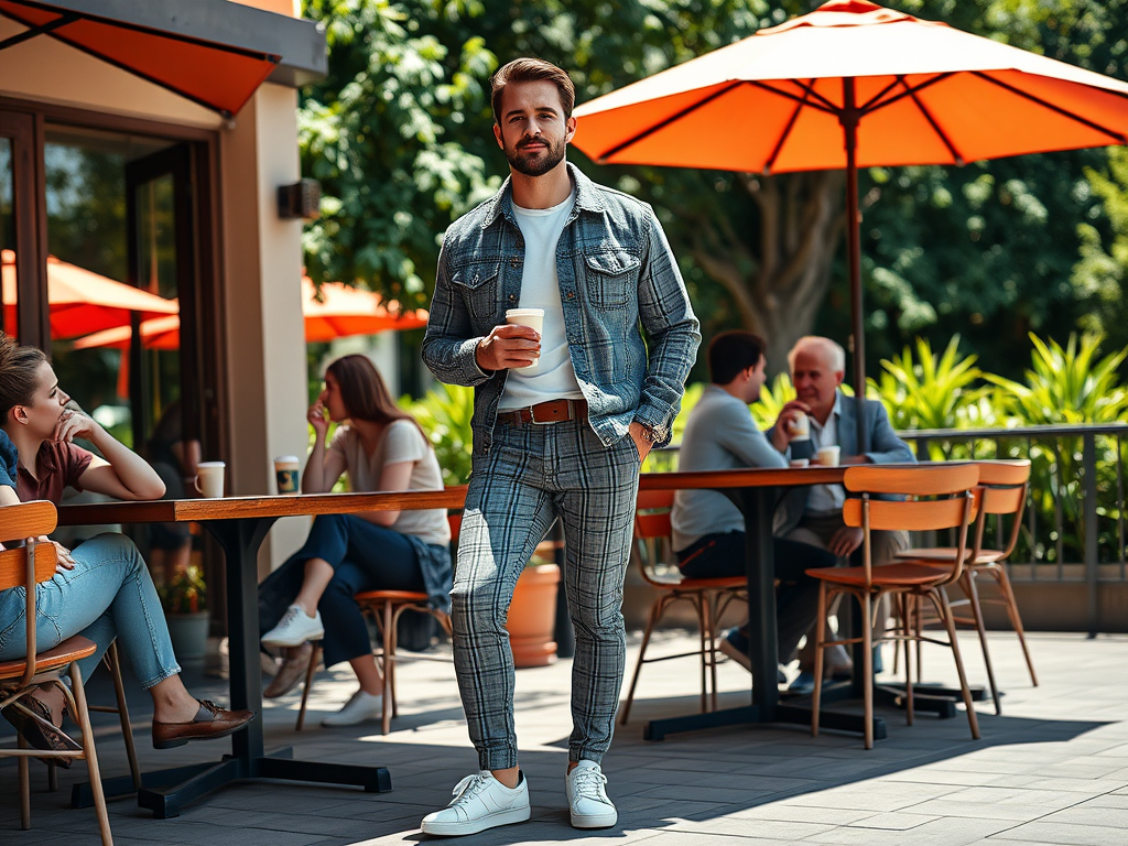 Un bărbat îmbrăcat în denim și pantaloni cu carouri stă într-o terasă, ținând o cafea. Atmosferă relaxată.