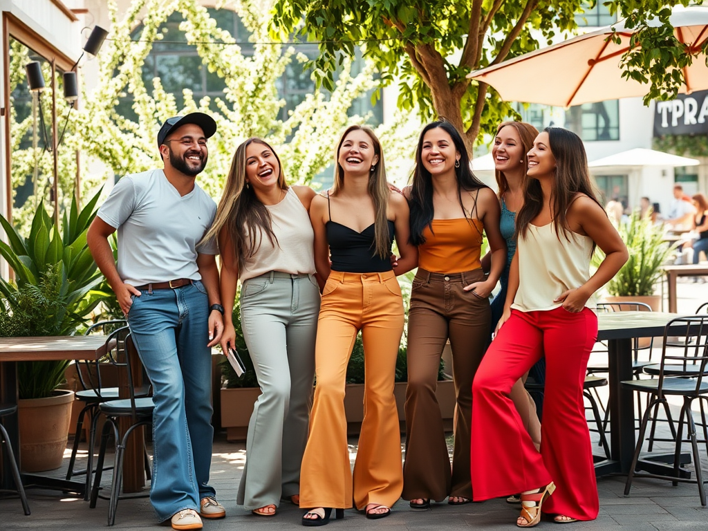 Groupă de șase tineri râzând și pozând într-un decor urban, purtând blugi și pantaloni colorati.