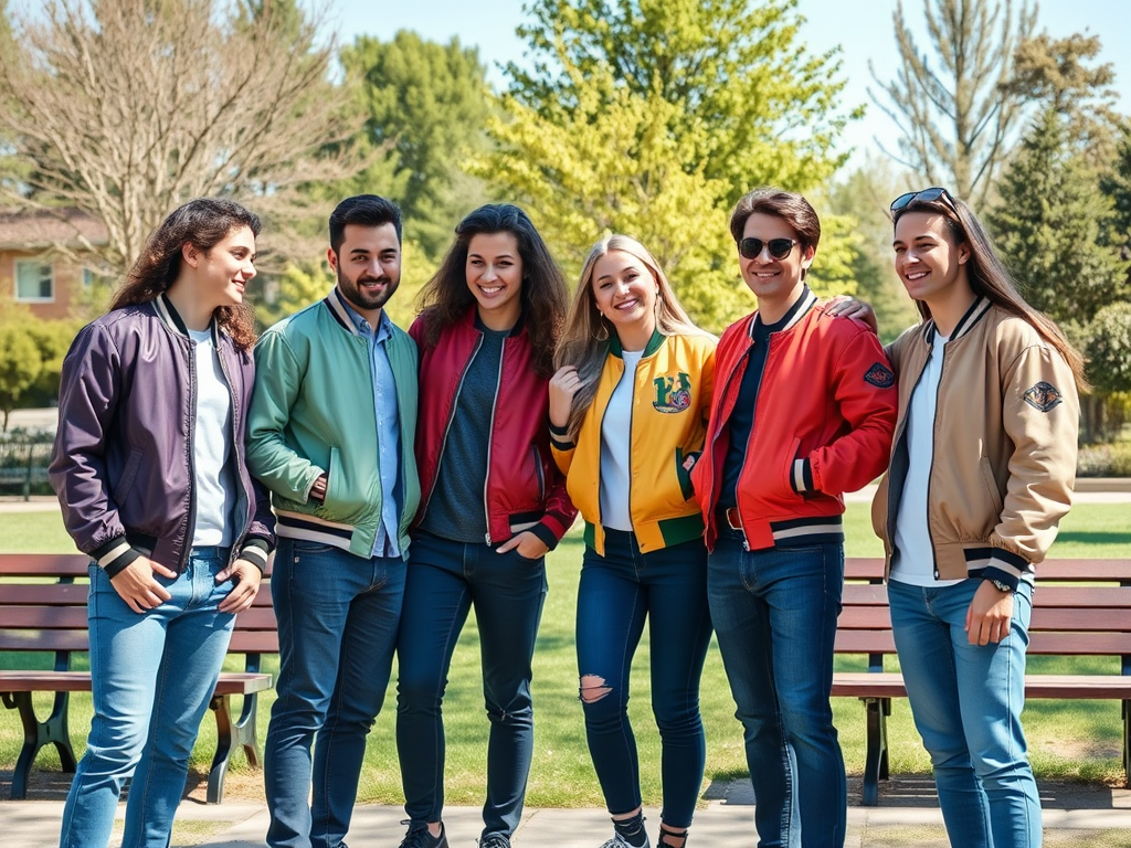 Grup de tineri zâmbind în parc, îmbrăcați în jachete colorate, stând pe o bancă. Natură verde în fundal.