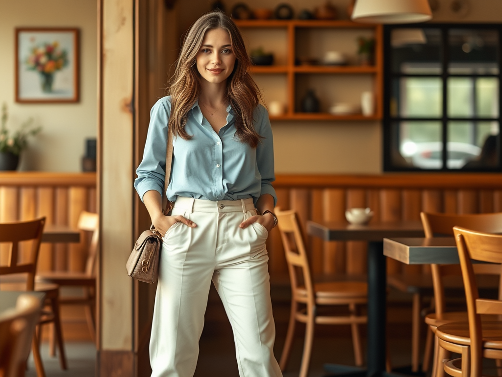 O tânără zâmbitoare îmbrăcată elegant, stând într-un cafeniu cu decor din lemn. Atmosferă caldă și primitoare.